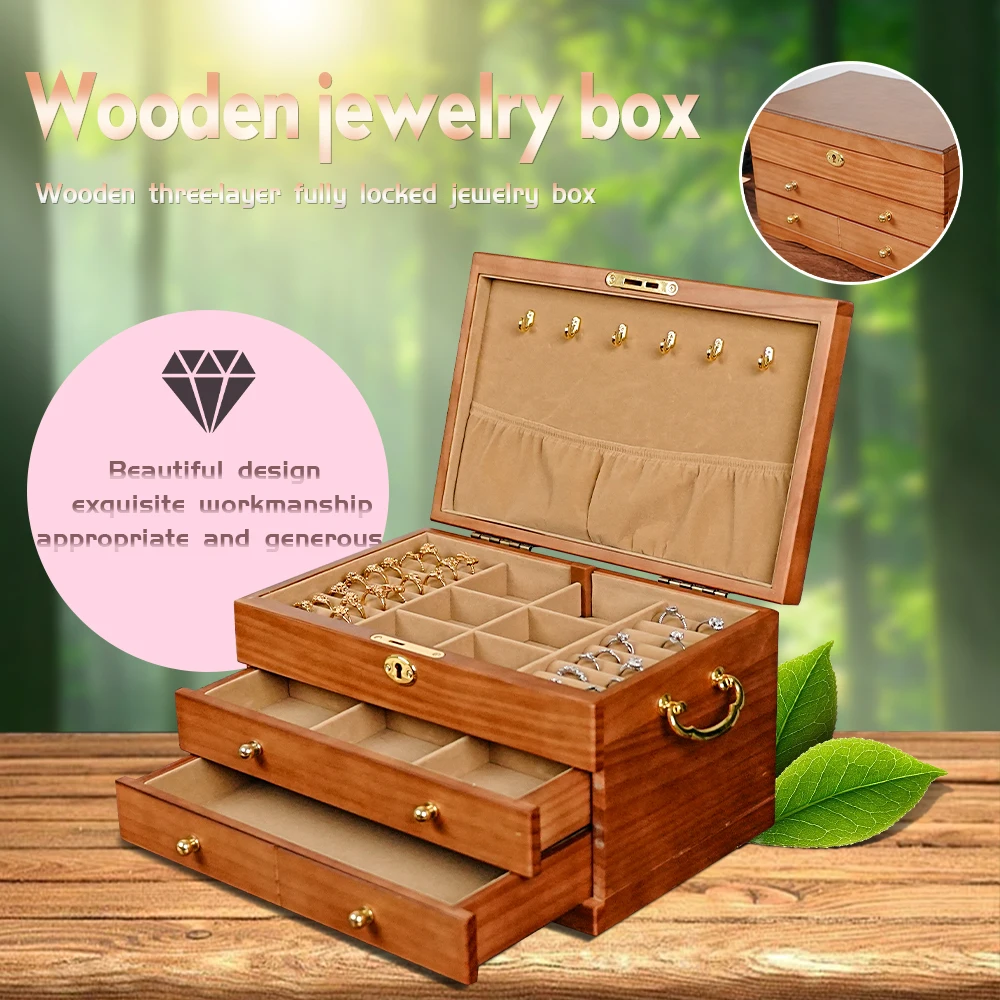 YB Drawer Jewelry Box Organizer Storage Chinese Style Pine Wooden Large Box High Capacity Luxurious Solid Wood Necklace Earrings