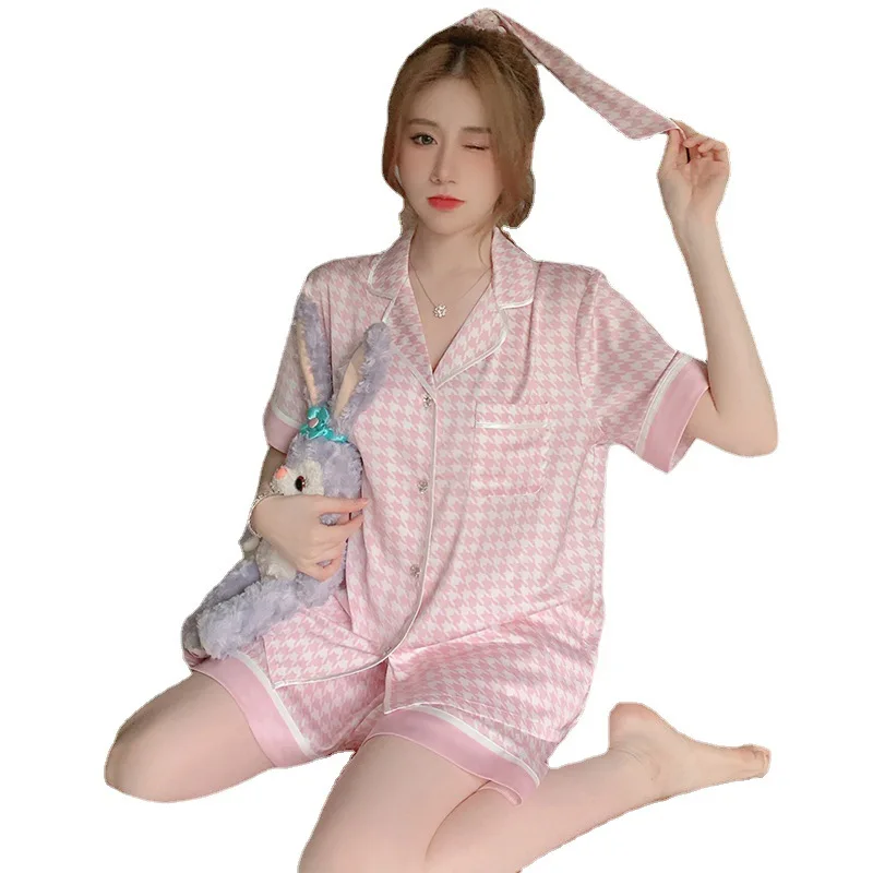 Women Pajamas Sets Summer 2 Piece Plaid Print Pyjama Faux Silk Satin Button Sleepwear Short Sleeve Pijama Mujer Pjs Homewear