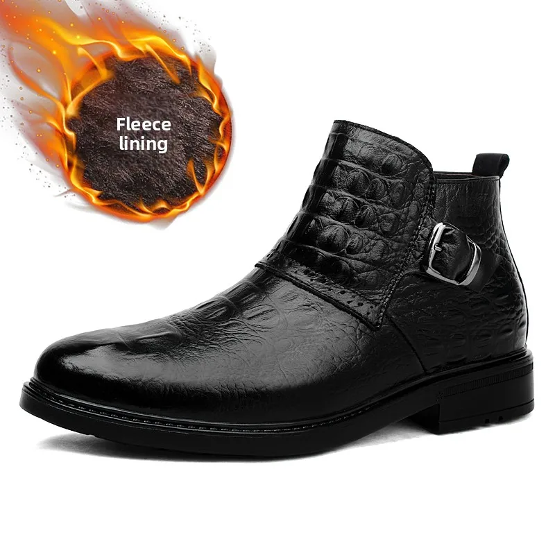 

Men's Crocodile Pattern Genuine Cowhide Boots High-quality Handmade Dress Boots Luxury Brand Winter Warm Business Chelsea Boots