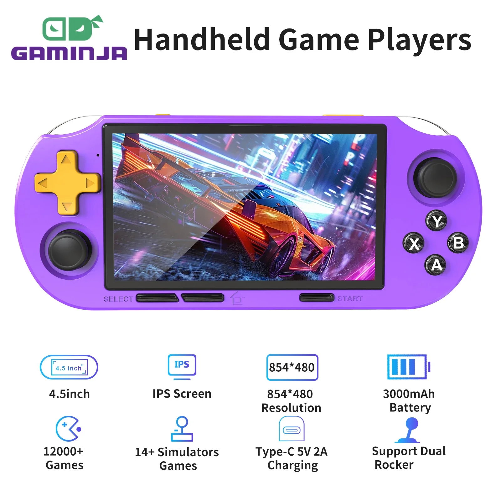 GAMINJA ANS16 لعبة محمولة مفتوحة المصدر 4.5 بوصة IPS شاشة RGB الإضاءة المحمولة ريترو لعبة فيديو وحدة التحكم 64 جيجابايت ل PS1/GBA/SFC
