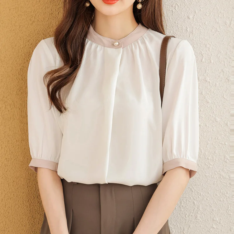 2025 Summer New Style Style Piping Small Stand Collar Pearl Button Loose Short-sleeved Shirt for Women