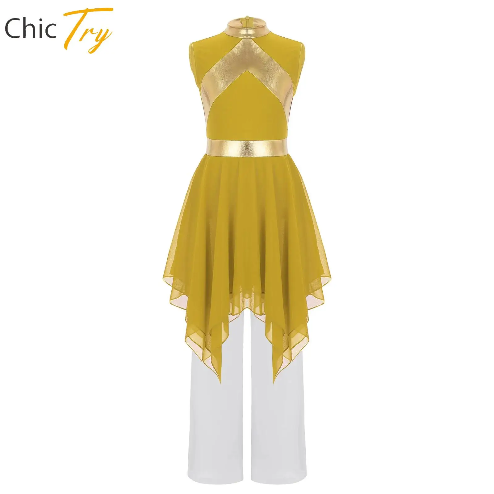 

Child Girls Worship Praise Dance Outfit Kids Sleeveless Asymmetrical Hem Dress+Pants Set for Lyrical Liturgical Dance Costumes