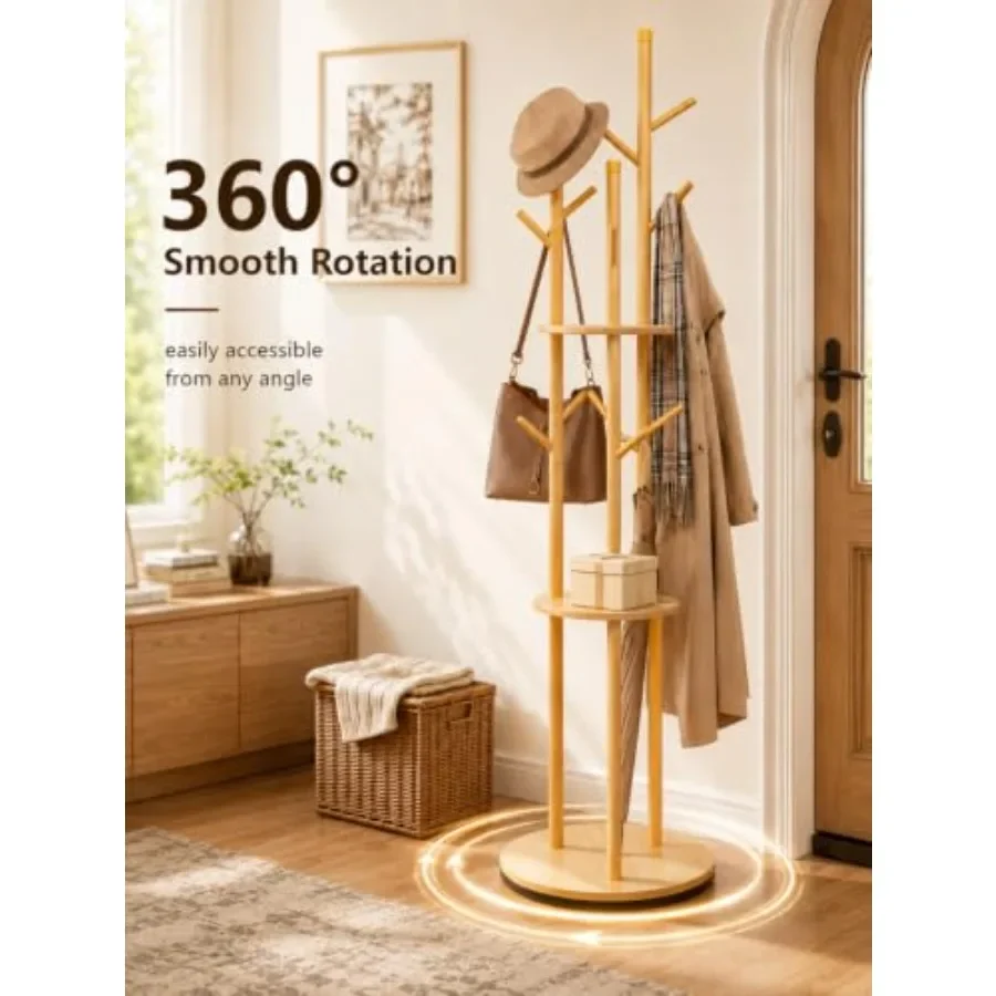 Wood Rotary Coat Rack for Entryway Natural Wood, 360 Rotating with 9 Hooks 3 Shelves, Freestanding Coat Tree for Coats, Scarves