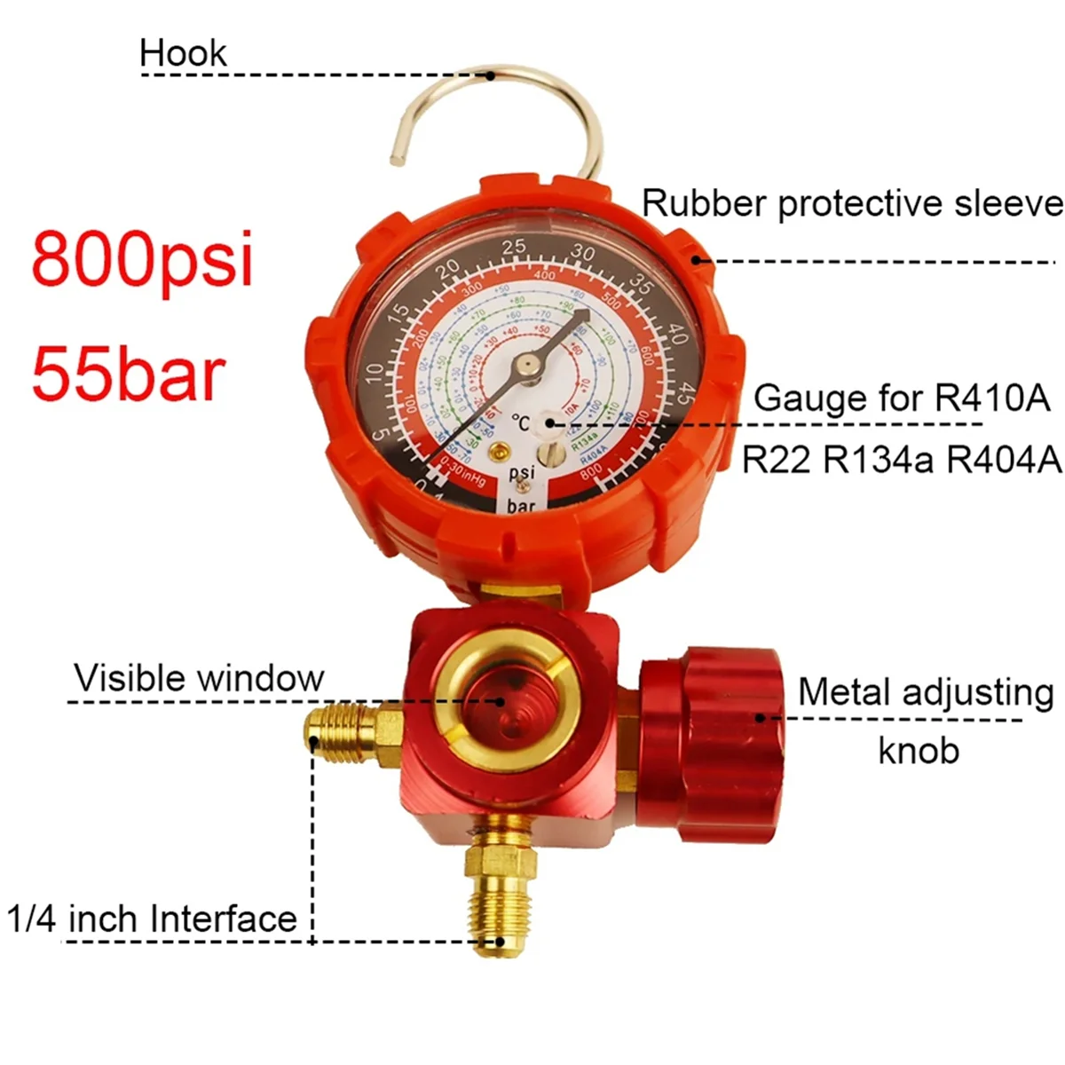 Air Condition Gauge for R410A R22 R134A R404A Refrigerants Manifold Gauge Manometer Valve with Visual Mirror 800Psi Red