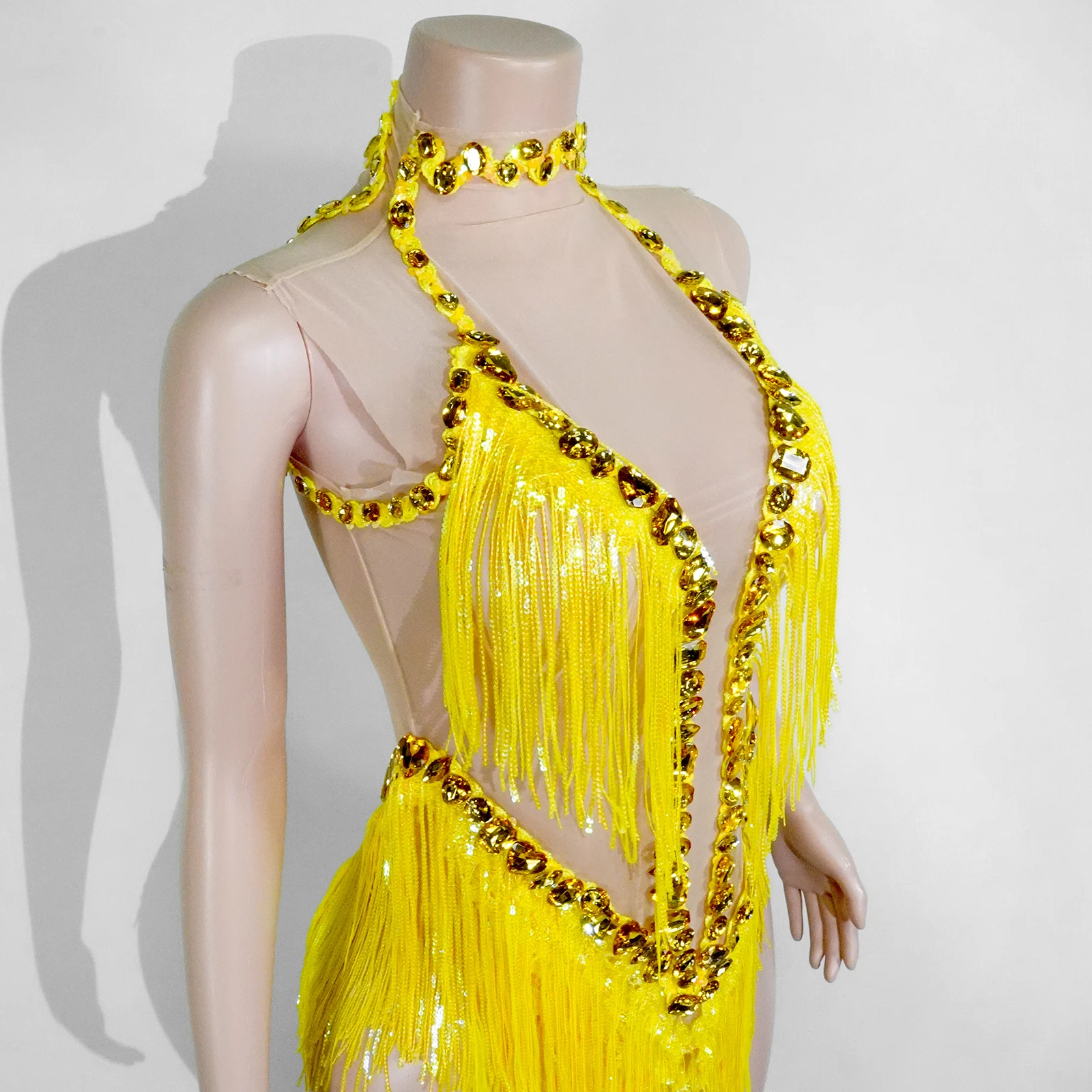 Sparkle Rhinestone Sliver Pink Fringes Sequined Latin Dance Team Skirt Dress Cabaret Performer Costume Party Stage costumes