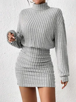 Image Women's Autumn Winter Fashion High Neck Knitted Sweater Dress Female Casual Solid Loose Long Sleeve Warm Mid Length Dresses