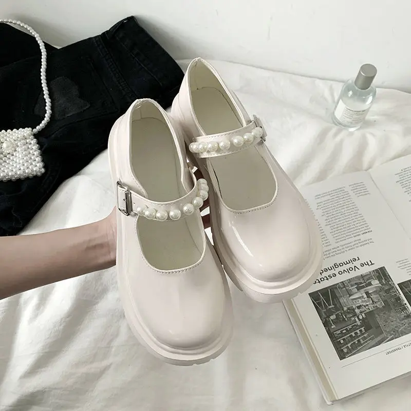 2022 New Large Size 35-44 Women\'s Shoes Retro British Style Small Leather Shoes One Line with Thick Soled Mary Jane Single