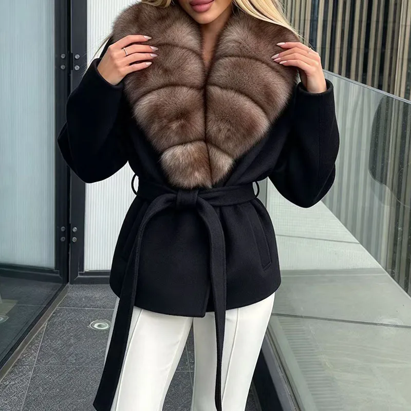 Women's Double-Faced Wool Coat, Short Coat with Fox Fur Collar, Fashionable Casual Shoes, Wool Trench Coat, 2026, New Arrival,