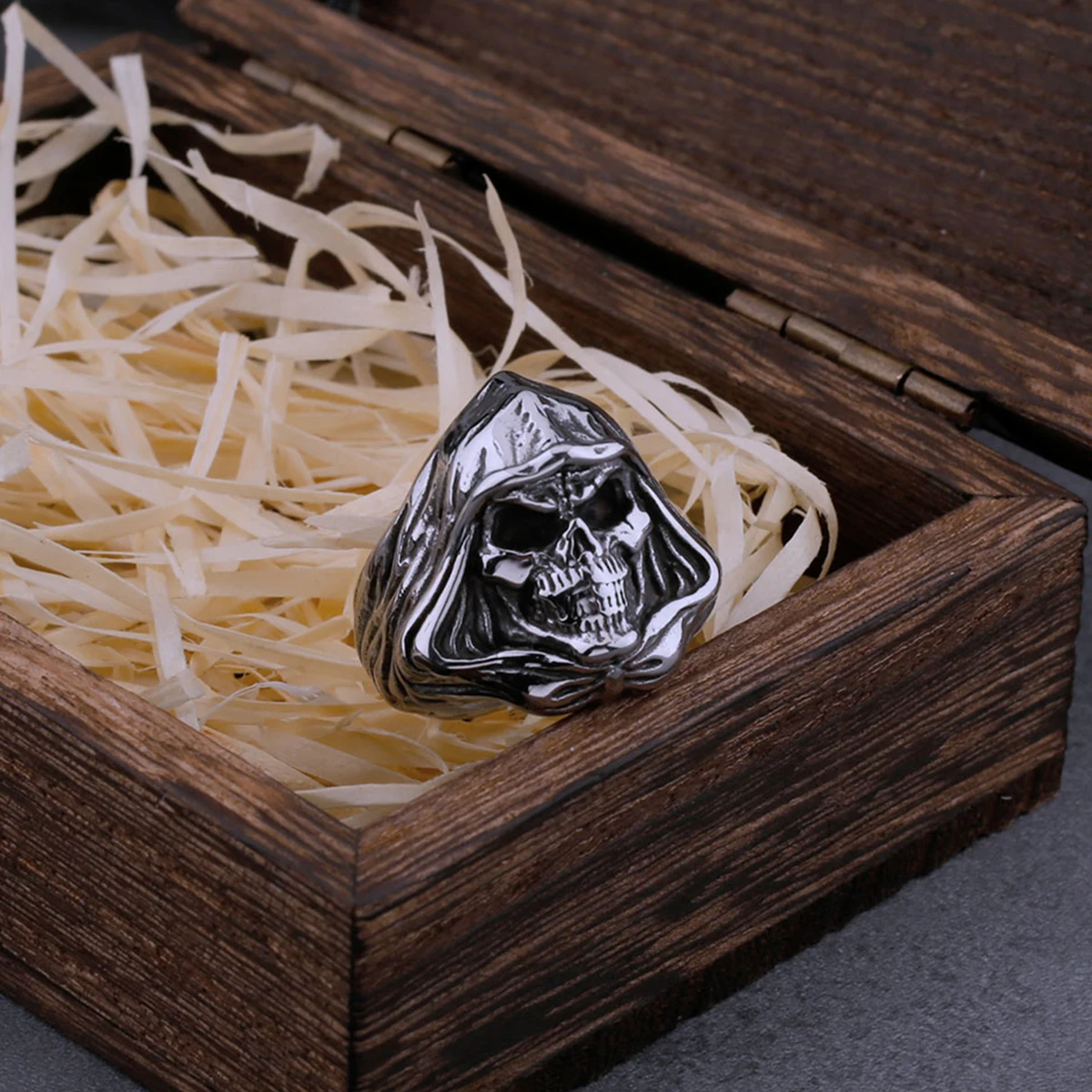 스테인레스 스틸 레트로 리퍼 유령 해골 반지, 남자 패션 힙합 록 해골 바이커 반지 보석 나무 상자 드롭쉬핑