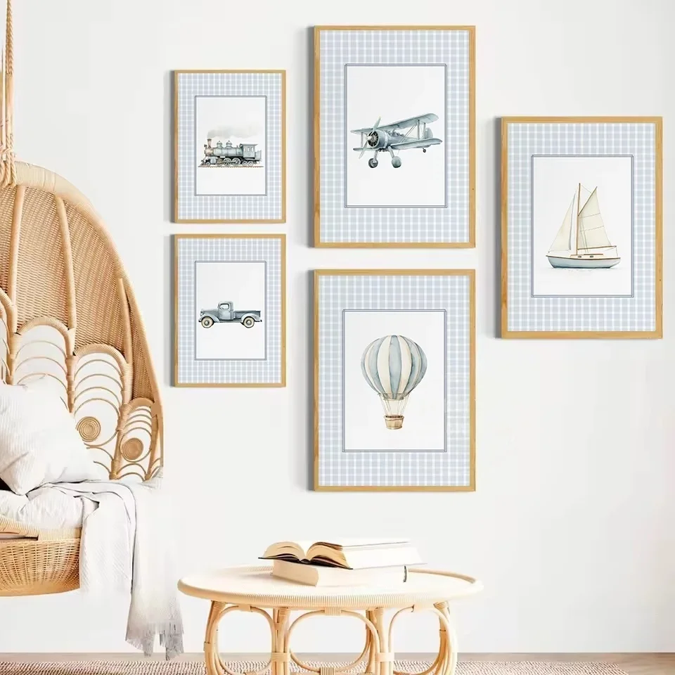 Vintage Travel Transportation Hot Air Balloon Boat Plane Train Nordic Poster Canvas Painting Wall Pictures Home Boy’s Room Decor