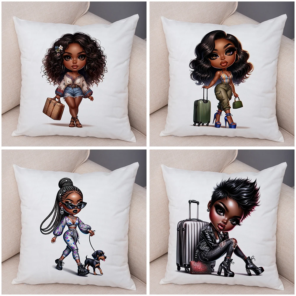 Fashion Cartoon African Girl Pillow Case Soft Plush Cushion Cover for Sofa Home Decor Cute Black Women Throw Pillowcase