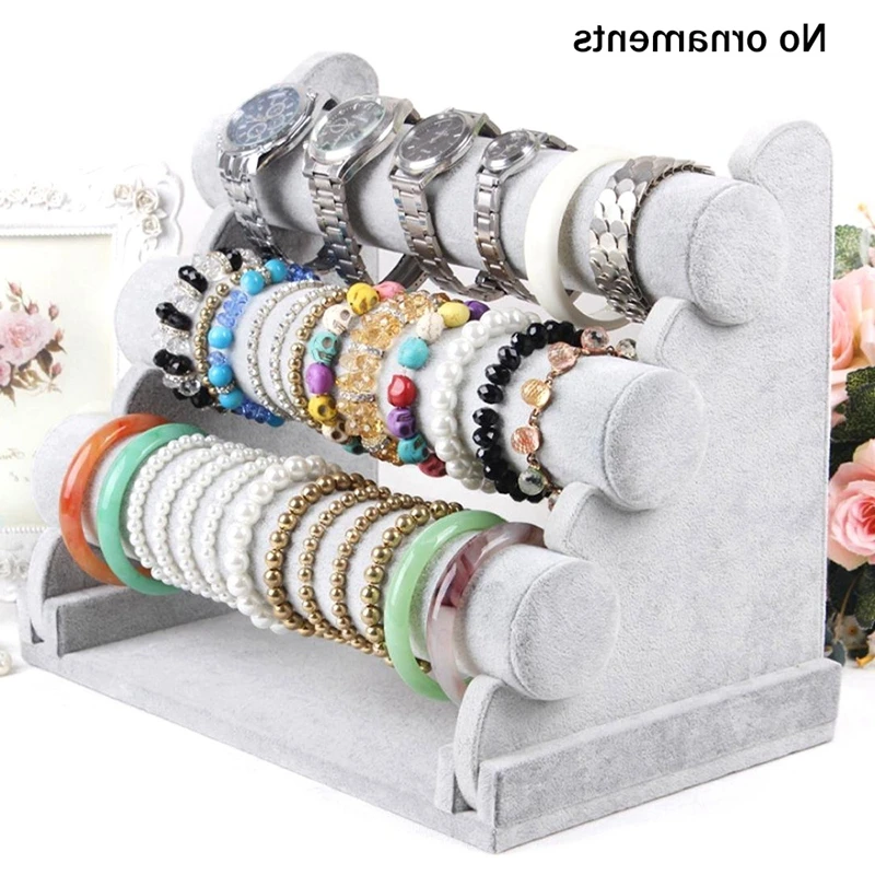 B-M 1 PCS Bracelet Holder Jewelry Display Stand Organizer Jewelry Holder Ice Gray Velvet 3 Tier