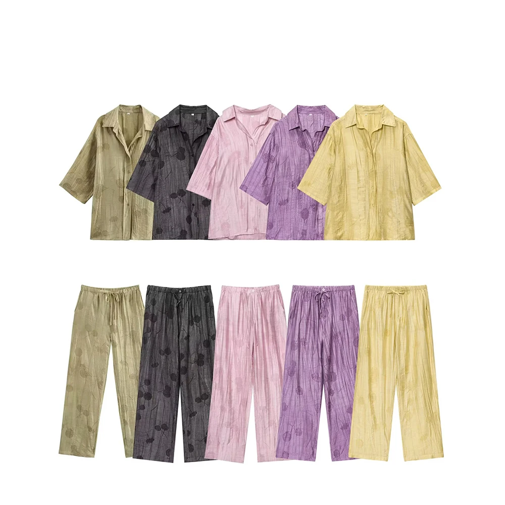 

TRAFZA Chic Autumn Vintage Casual Print Women Suit Fashion 2025 Yellow Turndown Collar Loose Shirts+Long Pleated Pants Mujer Set