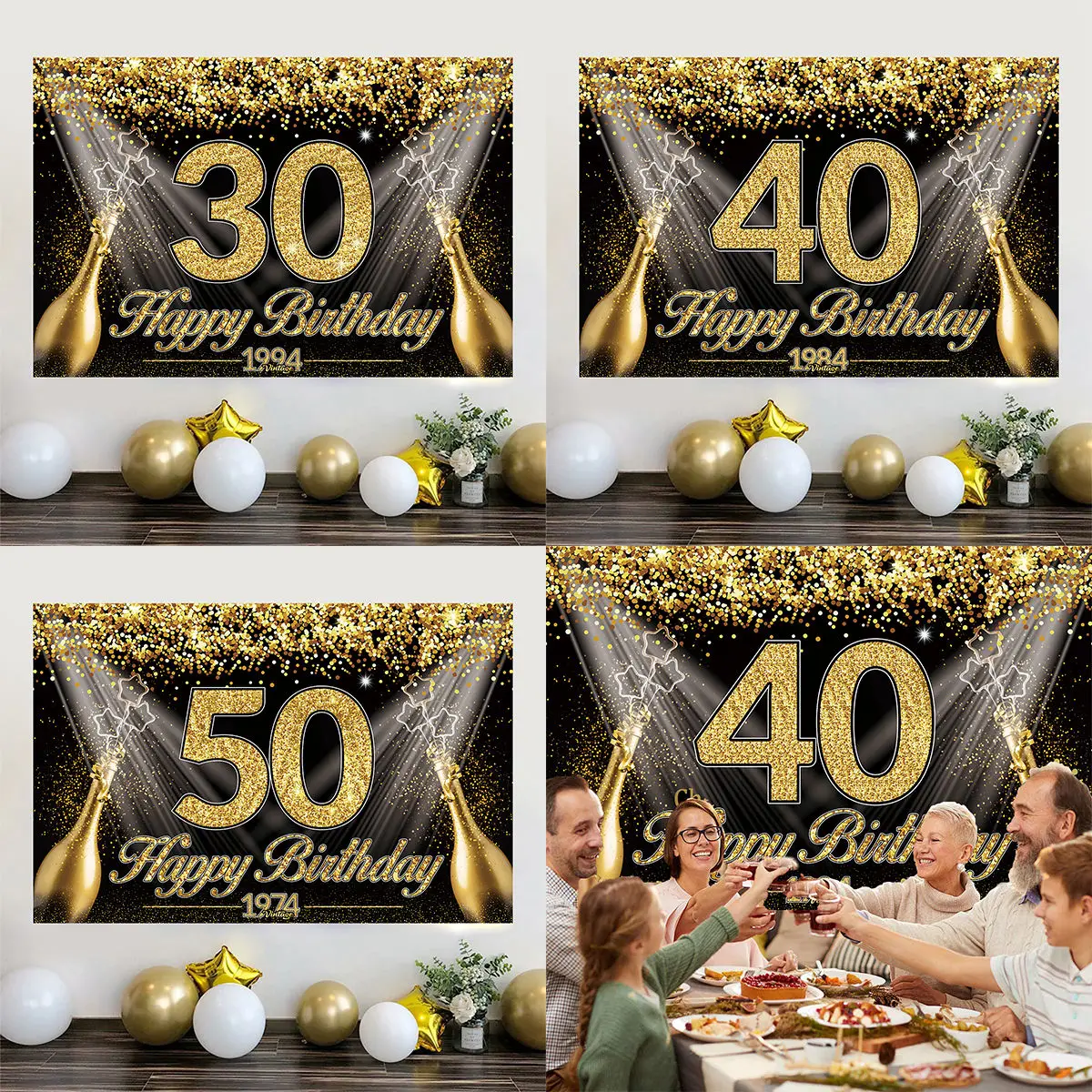 Happy 30th 40th 50th Birthday Backdrop Black Gold Birthday Party Decorations Adults 30 40 50 Years Old Birthday Party Supplies