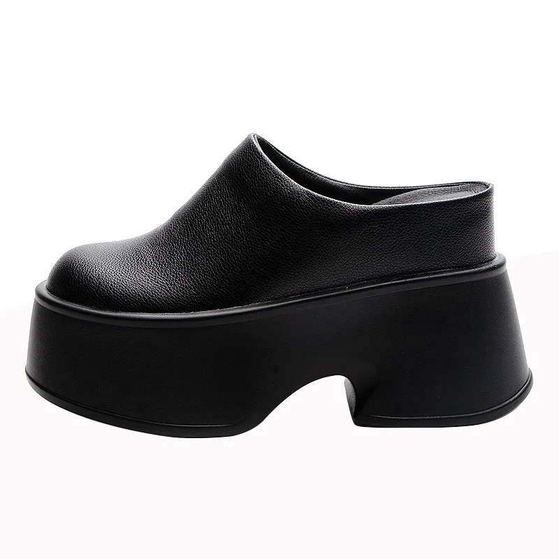 Genuine Leather Open Back Mule Sandals Women Summer Platform Shoes 11cm Height Increase Square Toe view 4