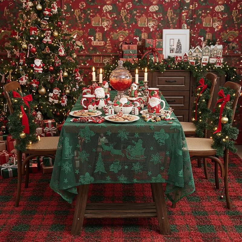 2026 Red Green Sleigh Lace Tablecloth Christmas Party Holiday Atmosphere Background Cloth Lightweight Dust-Proof Desk Cover