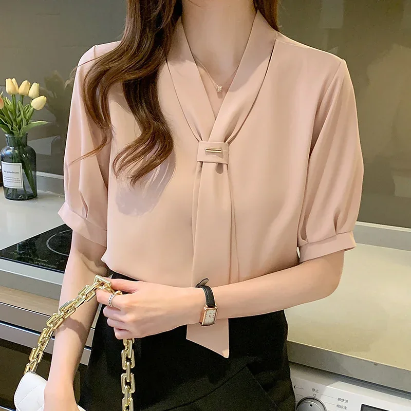 Korean Ribbon Women Shirts Blouses Short Sleeve Shirts Top Chic Office Lady Chiffon Blouse Tops Fashion Woman Tie Shirt