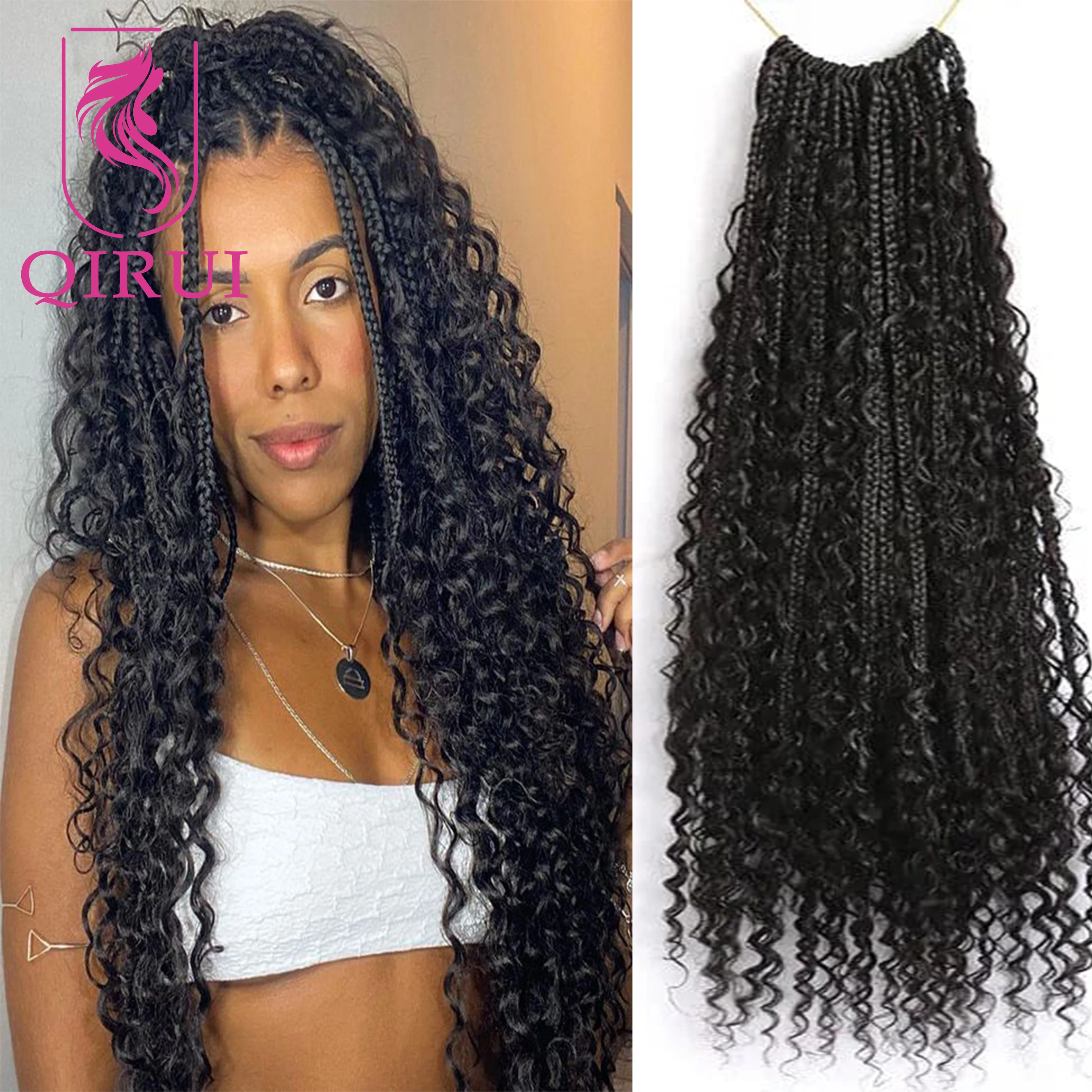 

Crochet Boho Box Braids With Human Hair Curls Pre Looped Box Braids With Curly Human Hair Full Ends Hair Extensions 14-30 Inch