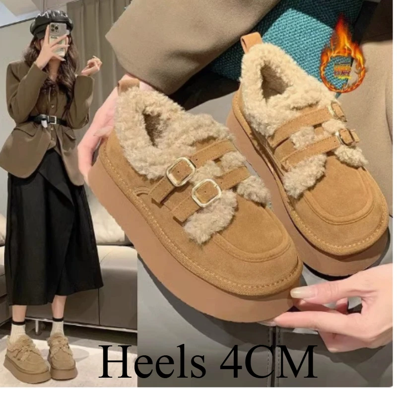 Women Fur Snow Boots Winter Warm Loafers Shoes 2026 New Designer Short Plush Cotton Boots Platform Fashion Comfort Footwear