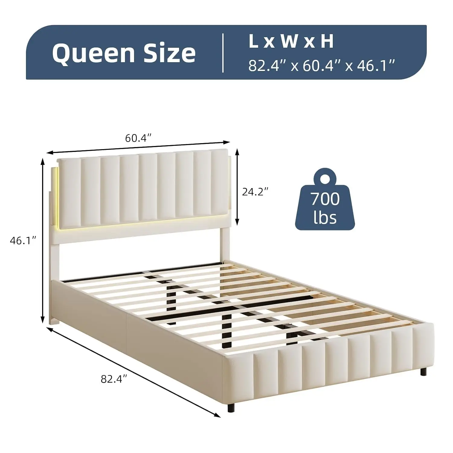 Queen Upholstered Bed Frame with LED Lights, Cream Faux Leather Platform Bed with Headboard, Wood Slat Support