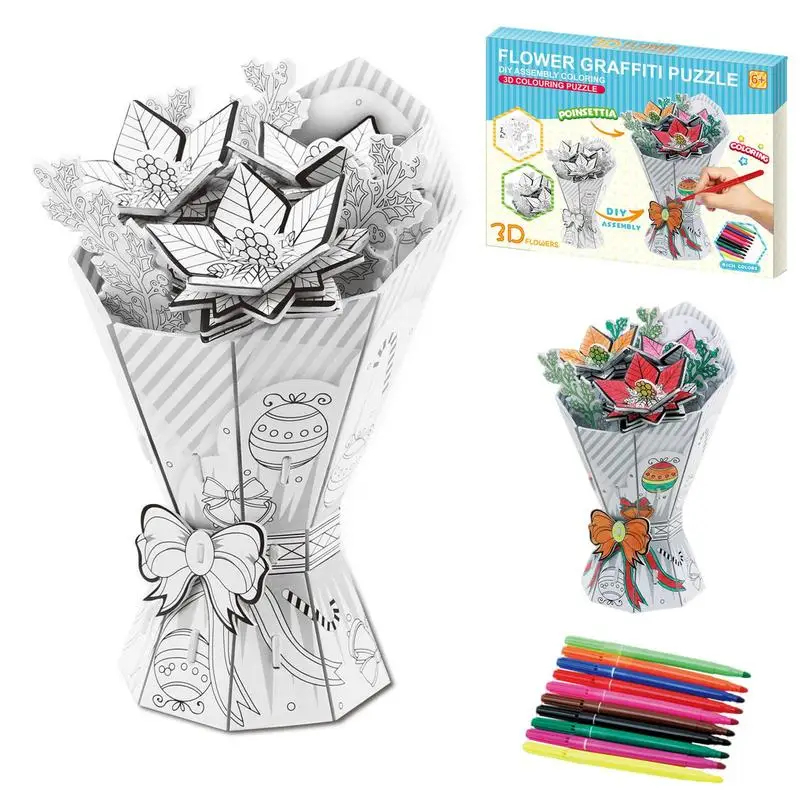 Flower Puzzle 3D Bouquet 3D Puzzle DIY Paper Flower Puzzle Fun And Delicate 3D Bouquet Puzzle With 10 Pens For Mother's Day Or