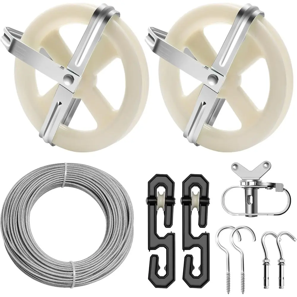 150.9T Wire Rope Outdoor Clothesline Kit with 5 Pulleys, S-Type Dividers, Tightener, and Screw Hooks