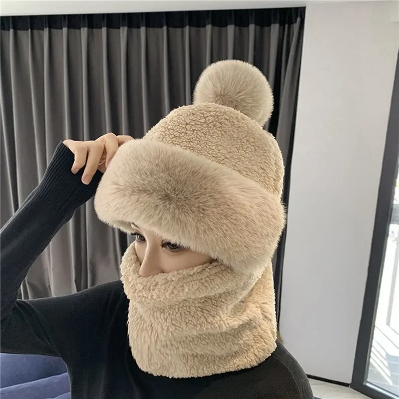 New Scarf Set Hooded for Winter Women Plush Neck Warm Outdoor Ski Windproof Hat Thick Plush Fluffy Beanies Cycling Cap