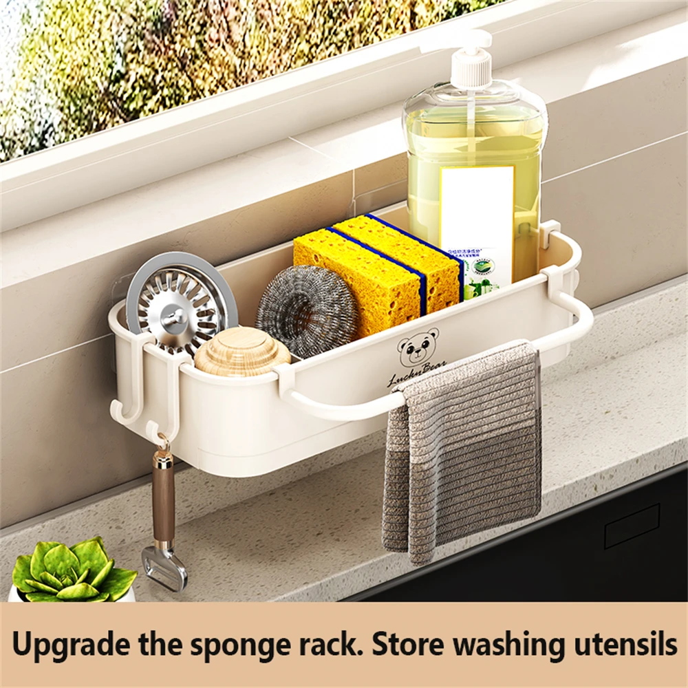 

2 Pcs Sponge Holder Kitchen Sink Caddy With Hooks, Dish Sponge Organizer With Divider, Dish Soap Dispenser Brush Holder Storage