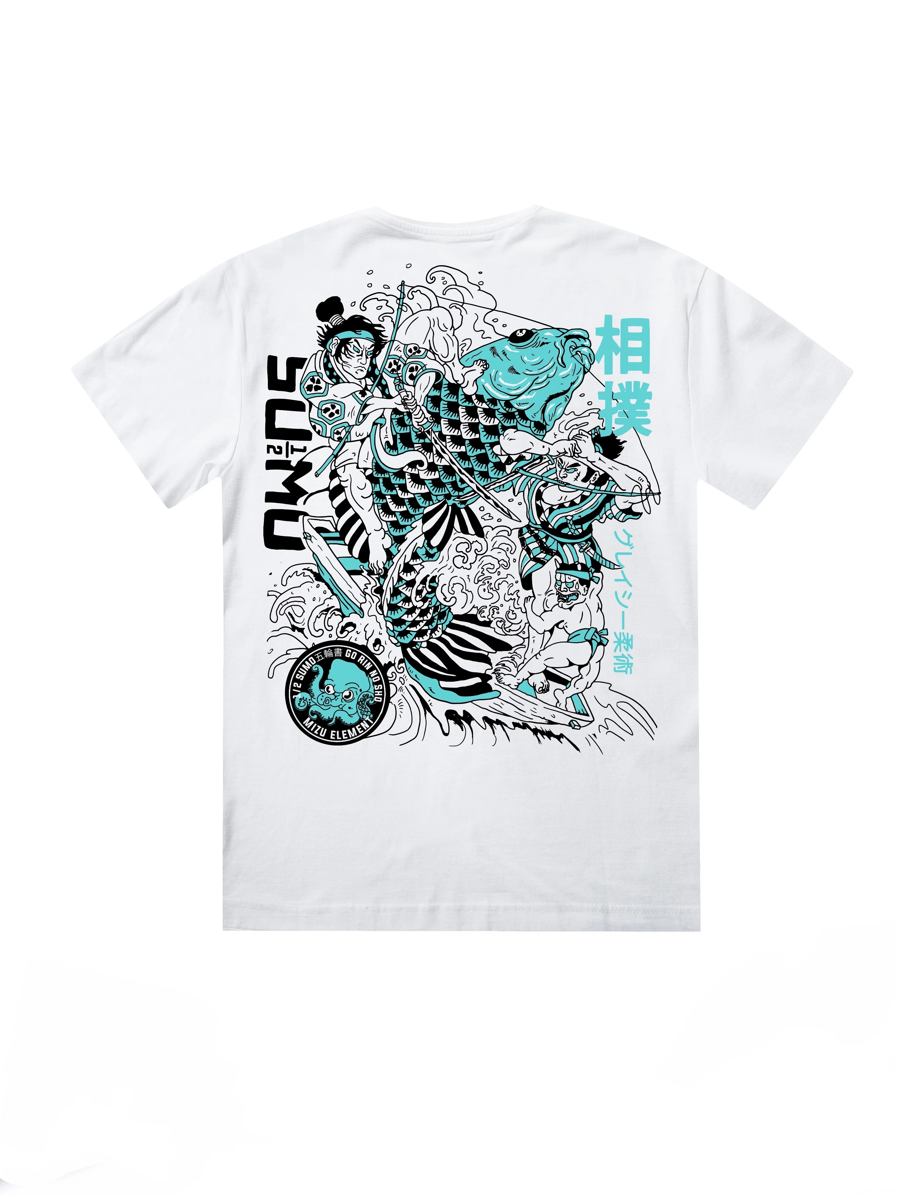 Summer Oversized White T-Shirt 2026, Vintage Ukiyo-e Koi Wrestler Wave Art Back Print Vertical Script Casual Streetwear Top Kids