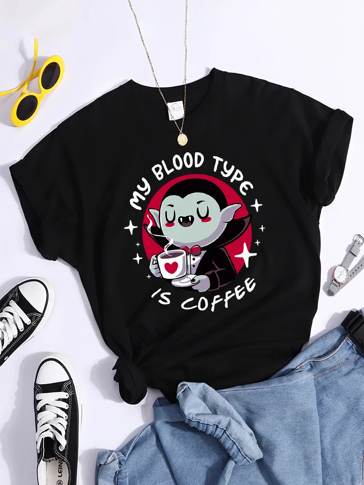 Vampire My Blood Type Is Coffee Print Tshirt Original Sport Tshirts Casual Loose Tshirt Niche Comfortable  Women Tshirt