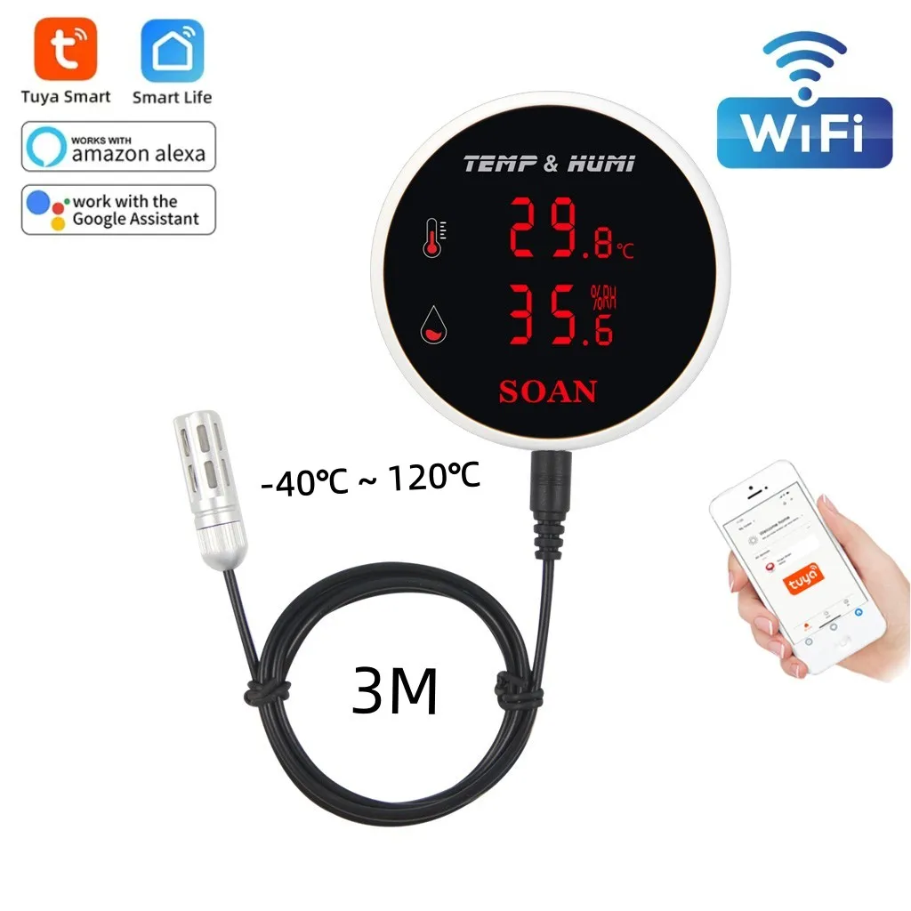 Tuya WiFi Temperature Humidity Senor External Probe 3M With LCD Screen Remote Alarm Indoor Thermometer Hygrometer Smart Life APP