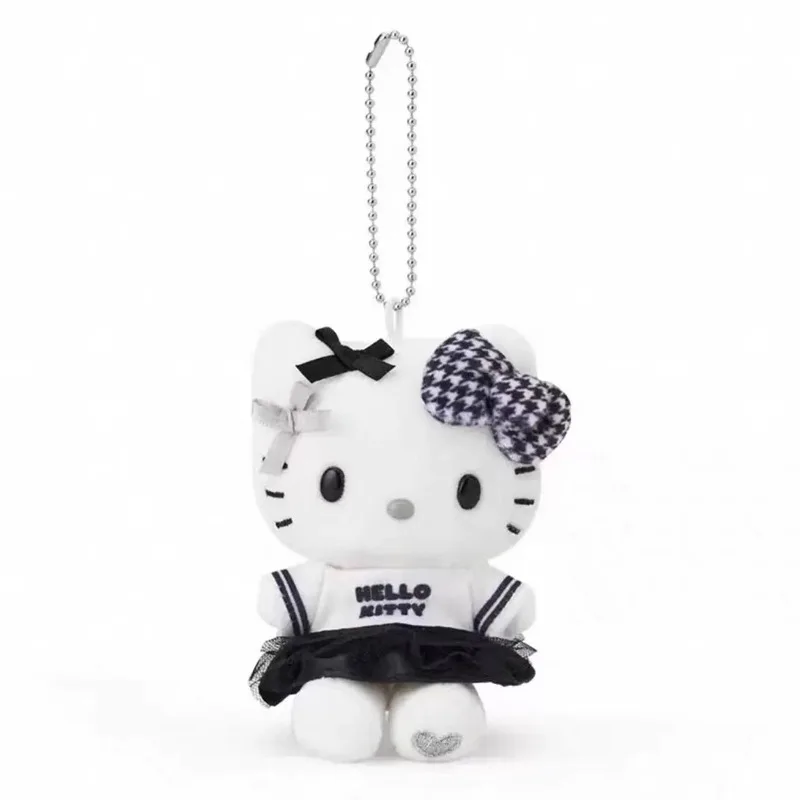 10CM Anime Hello Kitty My Melody Cinnamoroll Serie Impression in bianco e nero Portachiavi con bambola di peluche Ciondolo per borsa da scuola Kawaii