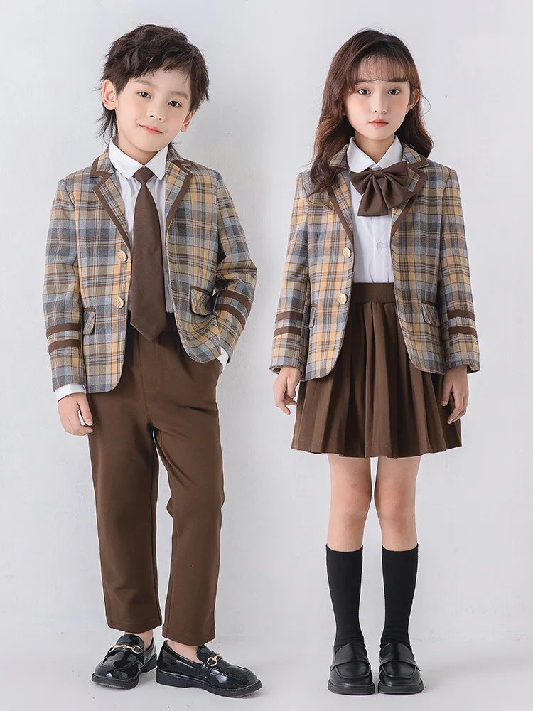 

Boys Girls Lattice School Uniform Twins Kindergarten Photograph Suit Children Graduation Event Performance Ceremony Costume