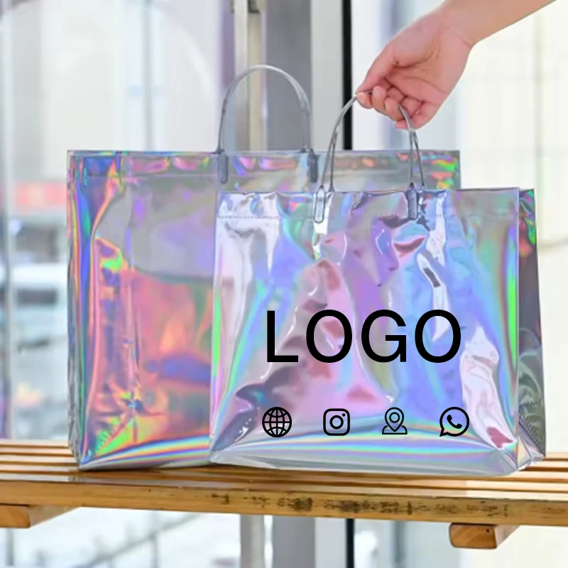 10-ピース-ロットレーザーポータブルトートバッグパーソナライズされたショッピングプラスチックハンドバッグファッションガール誕生日結婚式パッケージカスタマイズされたロゴ