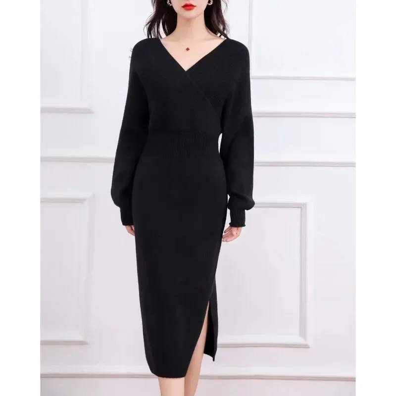 Fashionable Women\'s V-neck Slanted Collar Woolen Dress Autumn and Winter New Item, Hip Hugging Slim Fit and Slimming Knit Dress