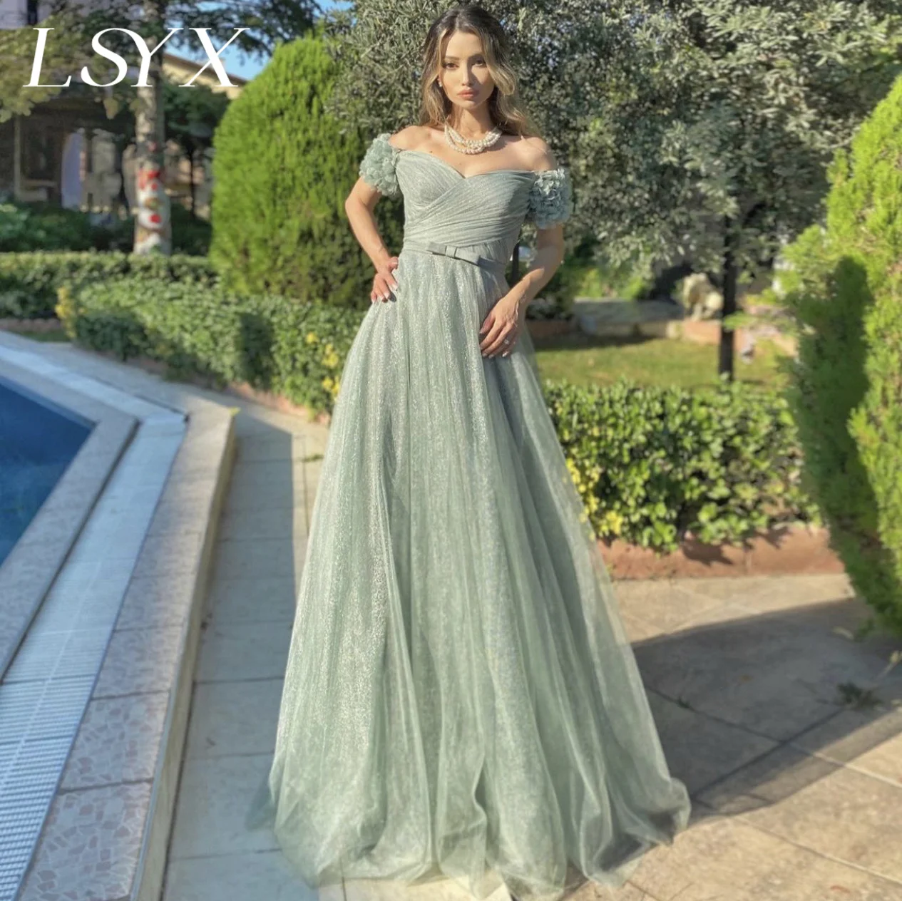 LSYX Sage Green Sparkly Tulle Evening Dress A-Line Sweetheart Off Shoulder Bow Sashes Pleat Floor Length Party Prom Gown