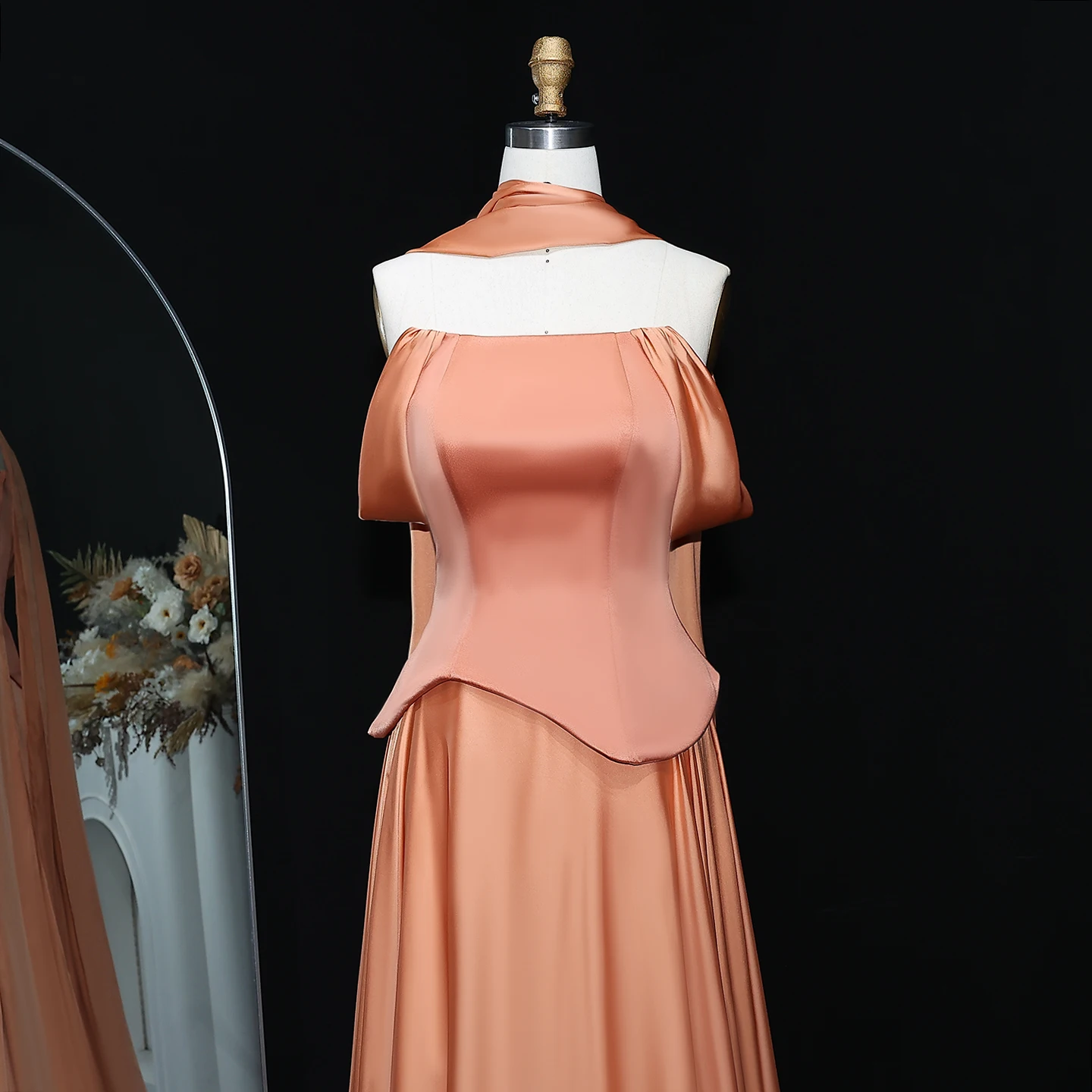 Sharon Said Elegant Brown Off Shoulder Evening Dress with Scarf Chiffon Arabic for Women Wedding Dress Gown SF593 Customized image 3