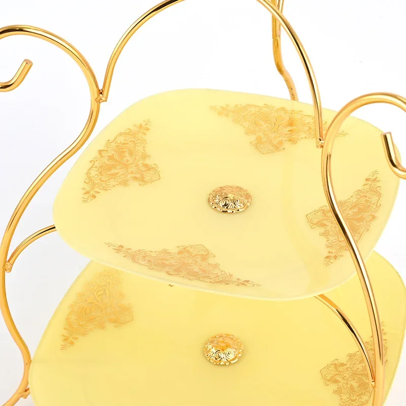 Light luxury wrought iron wholesale household afternoon tea snack tray three-layer round glass fruit plate can be processed