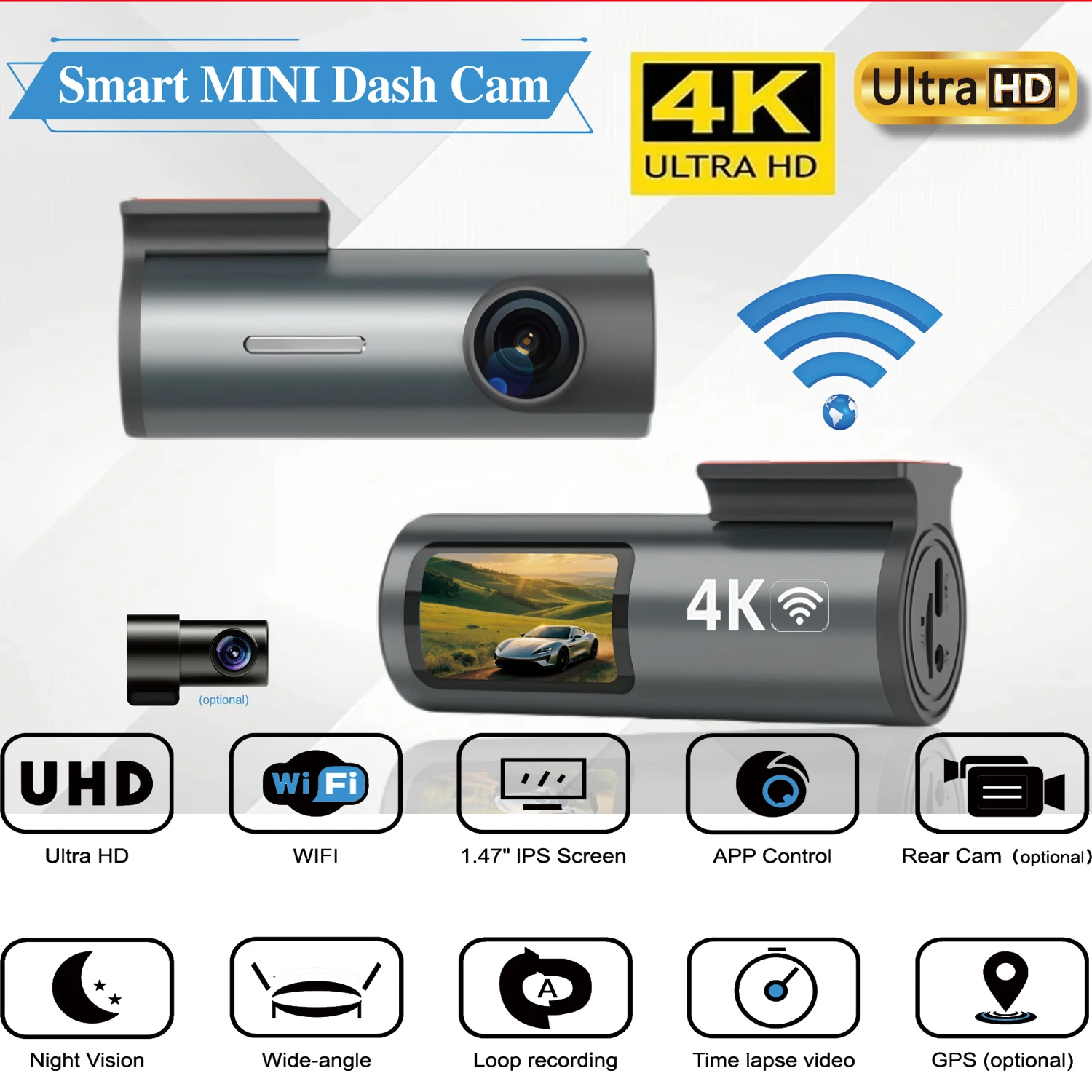 4K Mini Front and Rear Parking Camera App Controls Parking Monitoring Built-in Wi-Fi GPS Super Night Vision 24-Hour Parking Moni