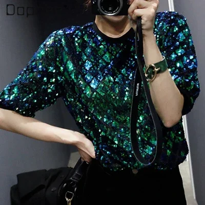 

Shiny Rhombus Sequin T-shirt Women Short Sleeve Round Collar Loose Heavy Industry Bling Tops Casual Tees Female Fashion