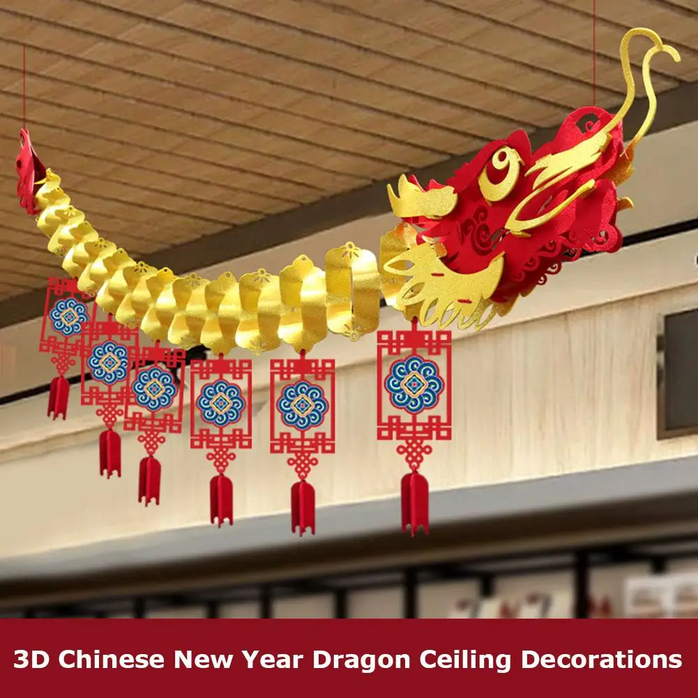 3D Red Chinese Paper Dragon New Year Floating Decoration With Lanterns Home & Restaurant Festive Party Atmosphere Decoration