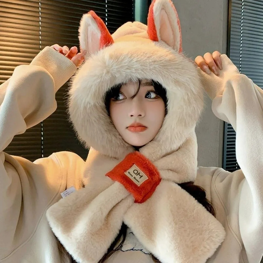 New Warm Winter Hat Scarf Set Windproof Ear Protection Fox Ears Hat Soft Thickened Pullover Cap Outdoor
