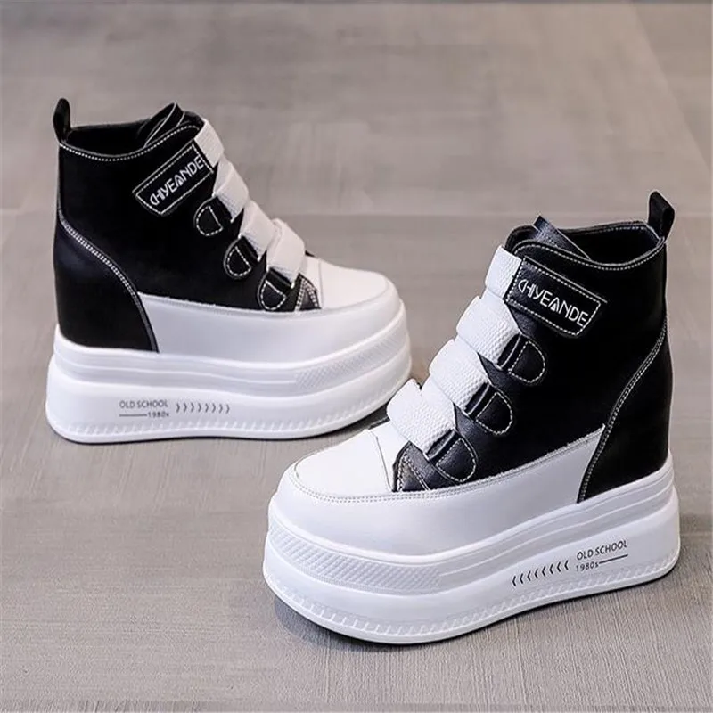 Autumn High Platform Sneakers 8CM High Heels Women Thick Sole Ankle Boots Leather Wedge Winter Casual Shoes Boots