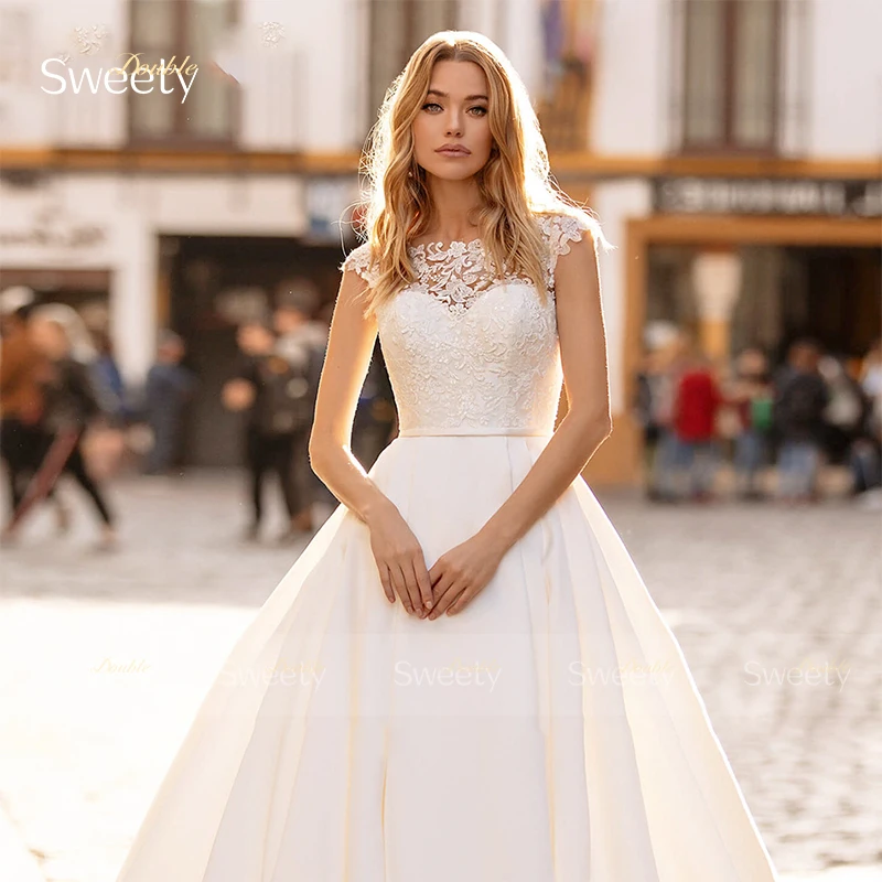 Vestido De novia elegante, bata De satén suave con bordado, línea A, largo hasta el suelo, sin mangas, cuello redondo