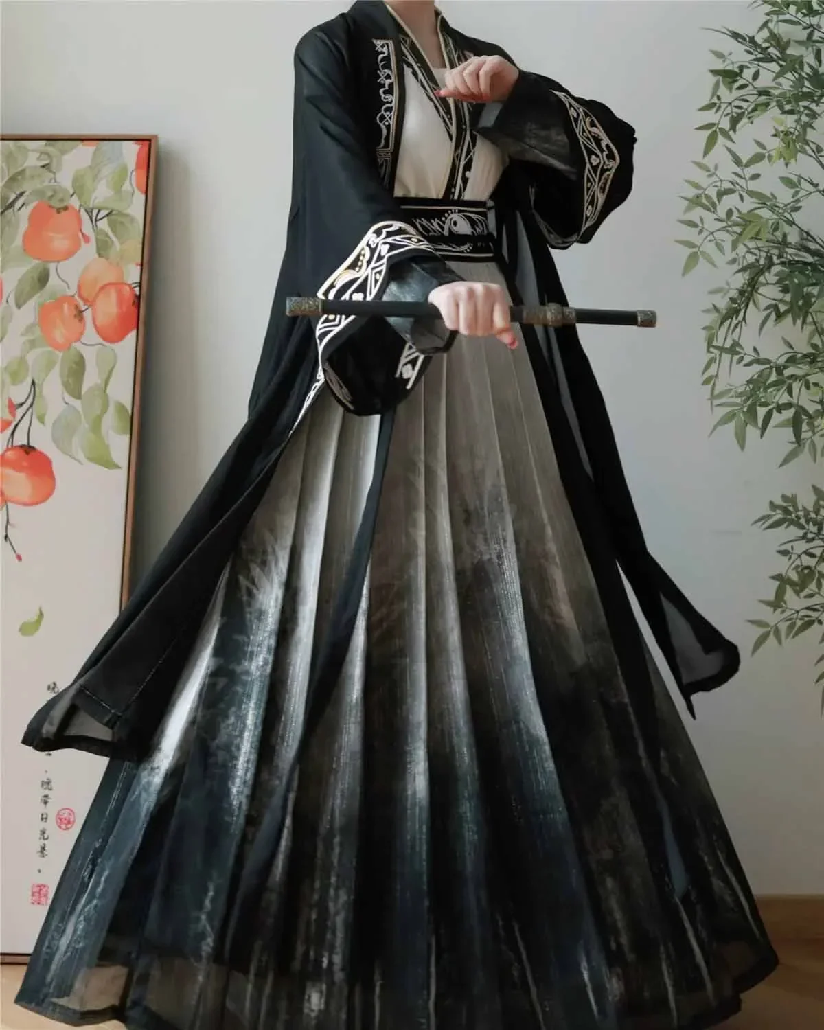 Chinese Hanfu Women Traditional Embroidery Printing Gradient Black Hanfu Cosplay Costume Men Plus Size