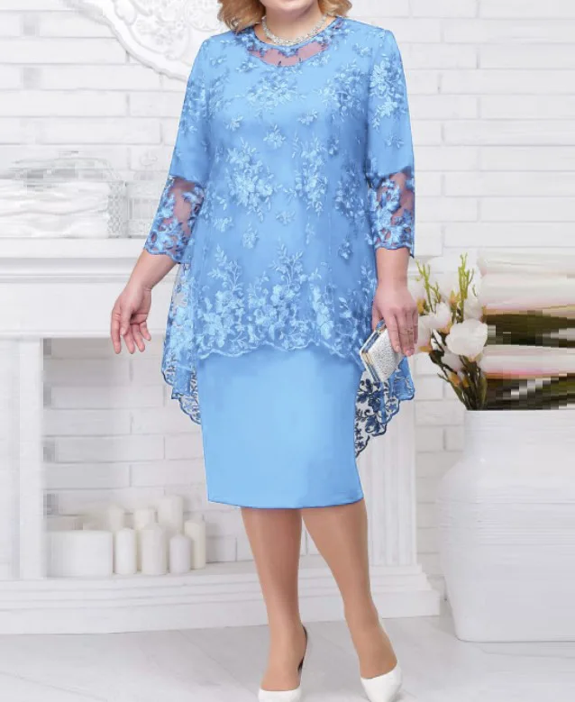 FSMG Plus Size Women Evening Gown Dress, Fashion Solid Color Round Neck  High Waist Lace Embroidery Two-Piece Slim Fit Dress Set - AliExpress  200000345