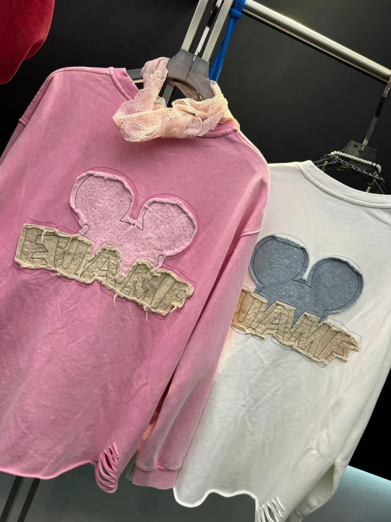 2025 Autumn New Heavy Embroidery Cartoon Crew Neck Sweatshirt Jacket For Women's Loose Design Pullover Coat Sudaderas De Mujer