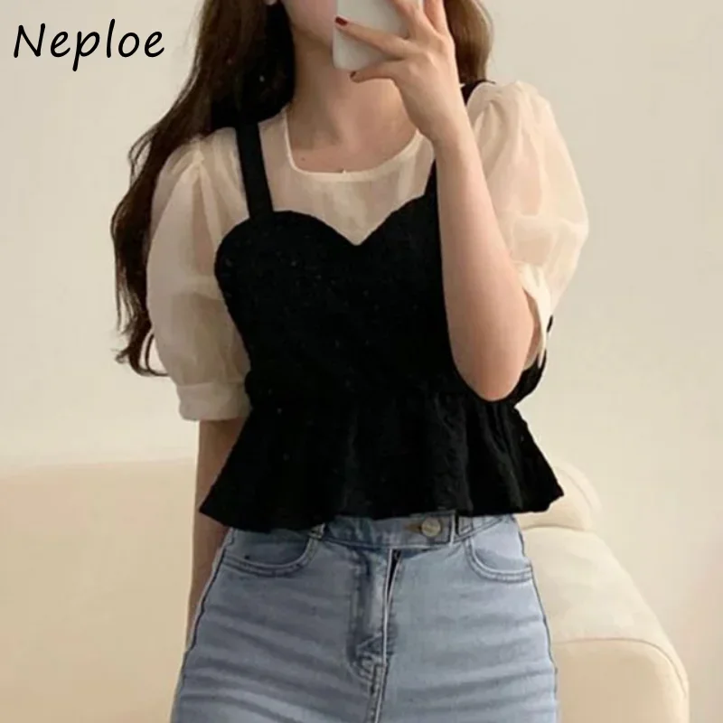 Neploe Early Spring Vintage Blusas Mujer De Moda 2024 O Neck Contrast Color Patchwork Blouses Fake Two Piece Puff Sleeve Shirts