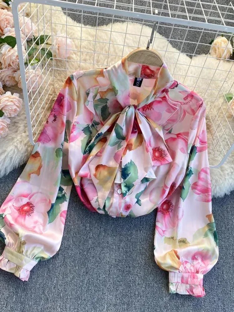 Spring Autumn New Flower Printing Loose Blouse Women Ruffled Bow Tie Stand Collar Puff Sleeve All-match Shirt Female Tops UK985