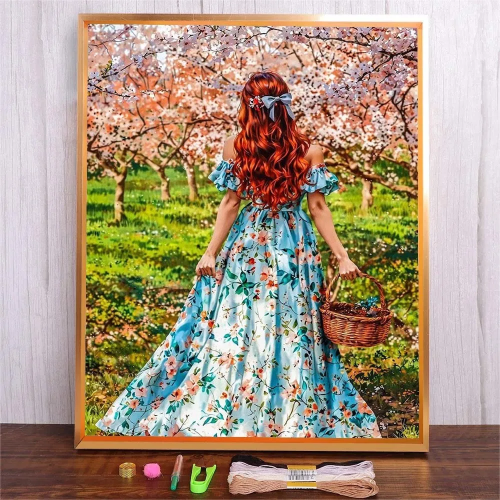 

Diy Needle Cross Stitch Starter Kit Flower Dress Girl Print Canvas Handmade Craft Set DMC Threads Embroidery Cloth Home Decor